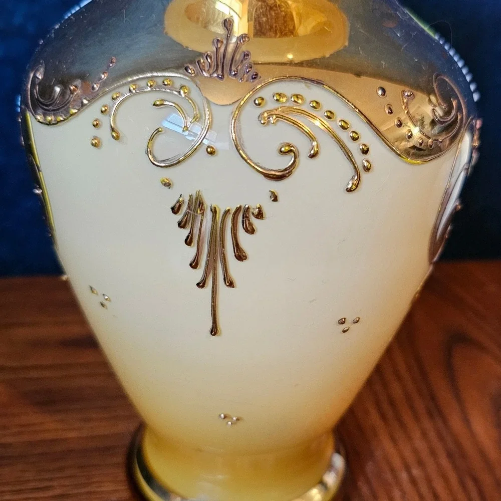 Vintage Bohemian Art Glass Mirror Gold Hand-Painted Raised Enamel Mid Century